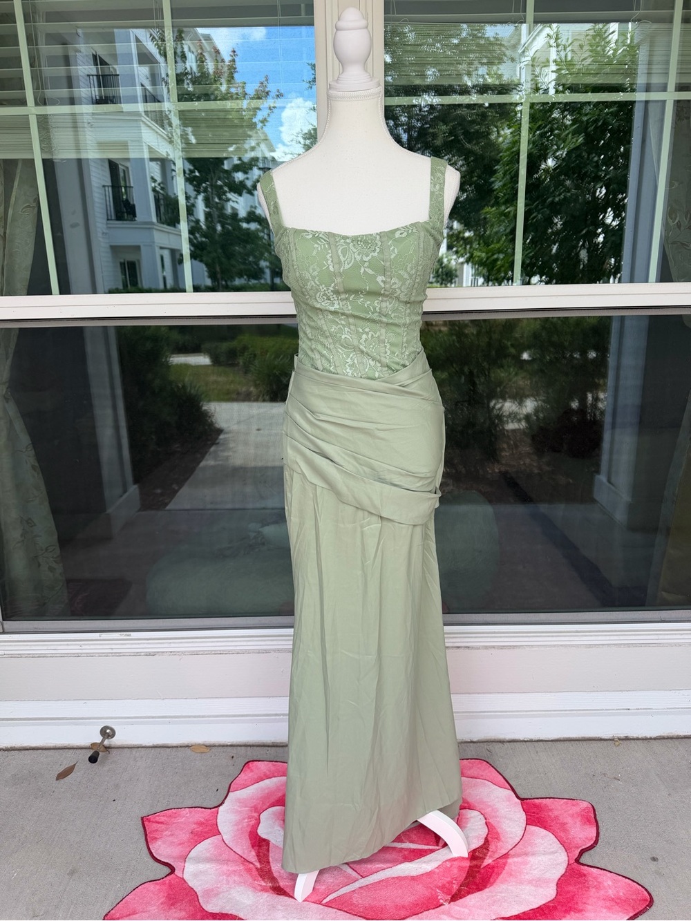 Cottagecore Floral Olive Green Lace Bodice Maxi Dress